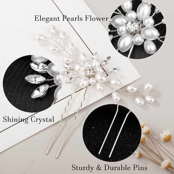 ?Women Silver Hair Comb and 4 Pins Bridal Pearl Crystal Wedding Hair Comb main image 5